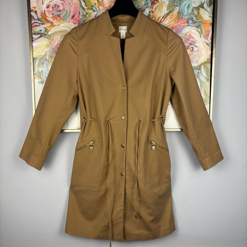 Chico’s Camel Tan Long Jacket Coat Drawstring Waist Zip Pockets Size 1